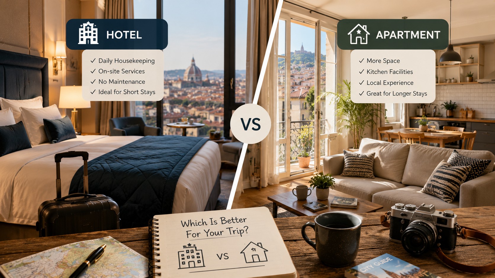 Comparison between a stylish modern hotel room and a beautiful vacation apartment