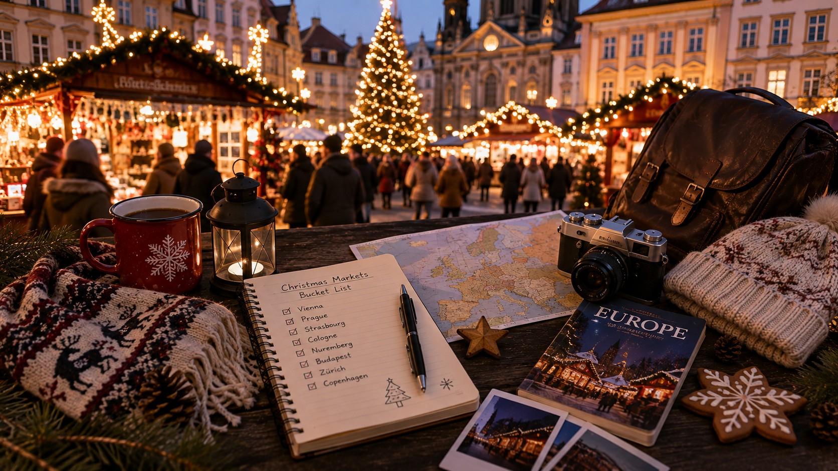 Christmas market in Europe at night with festive lights and wooden stalls