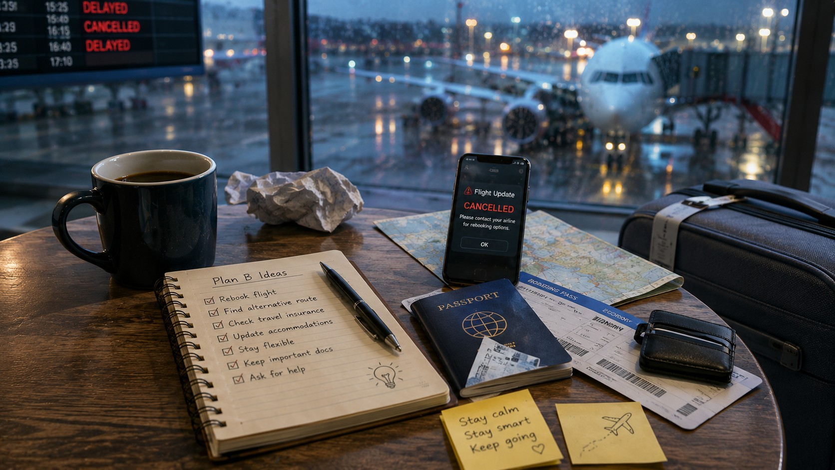 Traveler dealing with unexpected travel plans