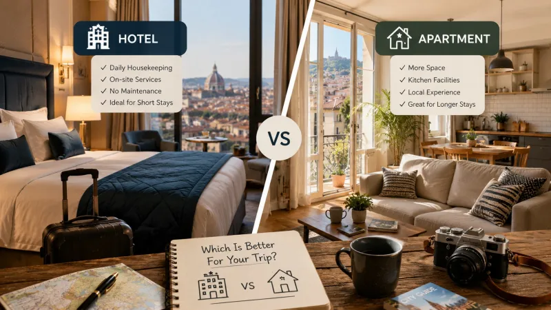 Comparison between a stylish modern hotel room and a beautiful vacation apartment